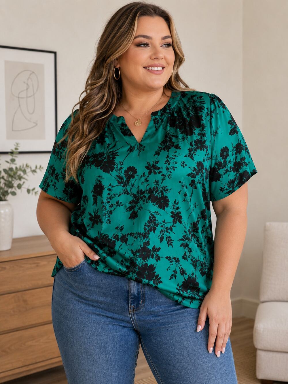 SHEIN Curve Green Black Floral Blouse Plus Size 4XL Short Sleeve
